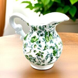 Inarco Japan Porcelain Green Floral Small Pitcher/Creamer Scalloped Edge RARE